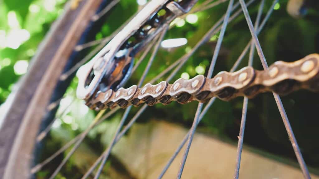 Régi, rozsdás kerékpár lánc és küllők, részletkép, zöld levél háttérrel.